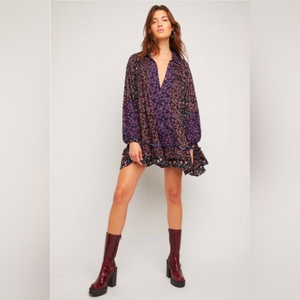 Free People Lost in You Floral Mini Dress Tunic Boho Cottagecore Oversized Small